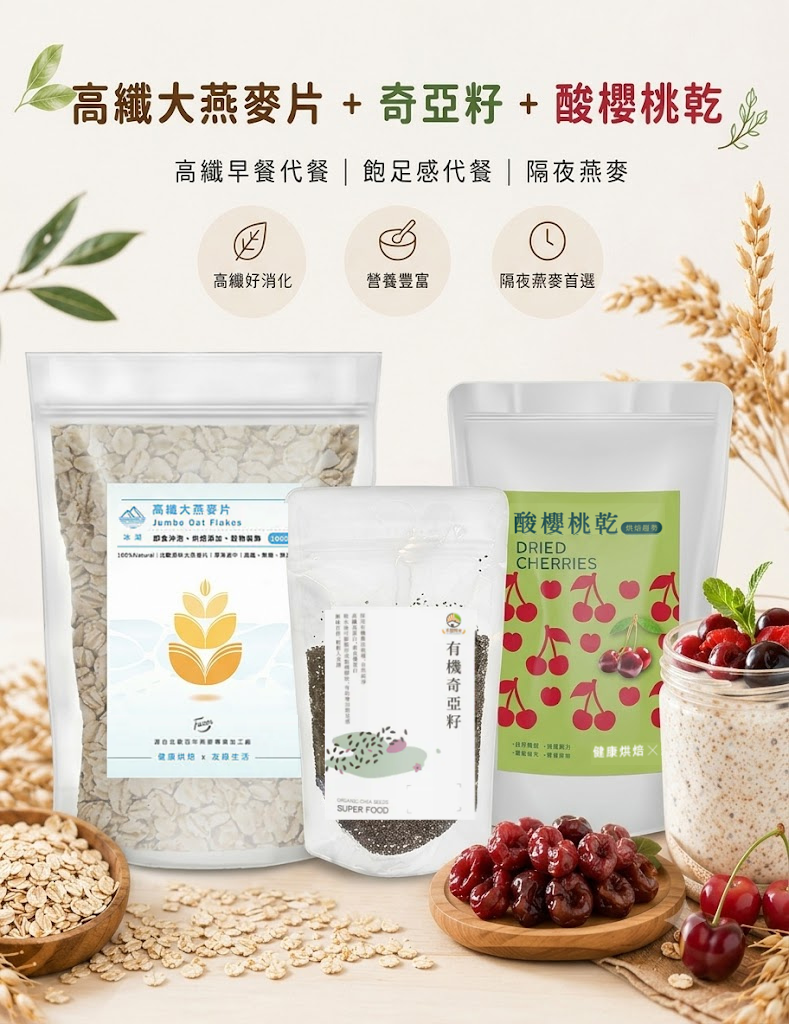 【友綠生活】隔夜燕麥必備｜大燕麥片＋有機奇亞籽＋酸櫻桃乾｜高纖早餐｜健康代餐｜飽足感