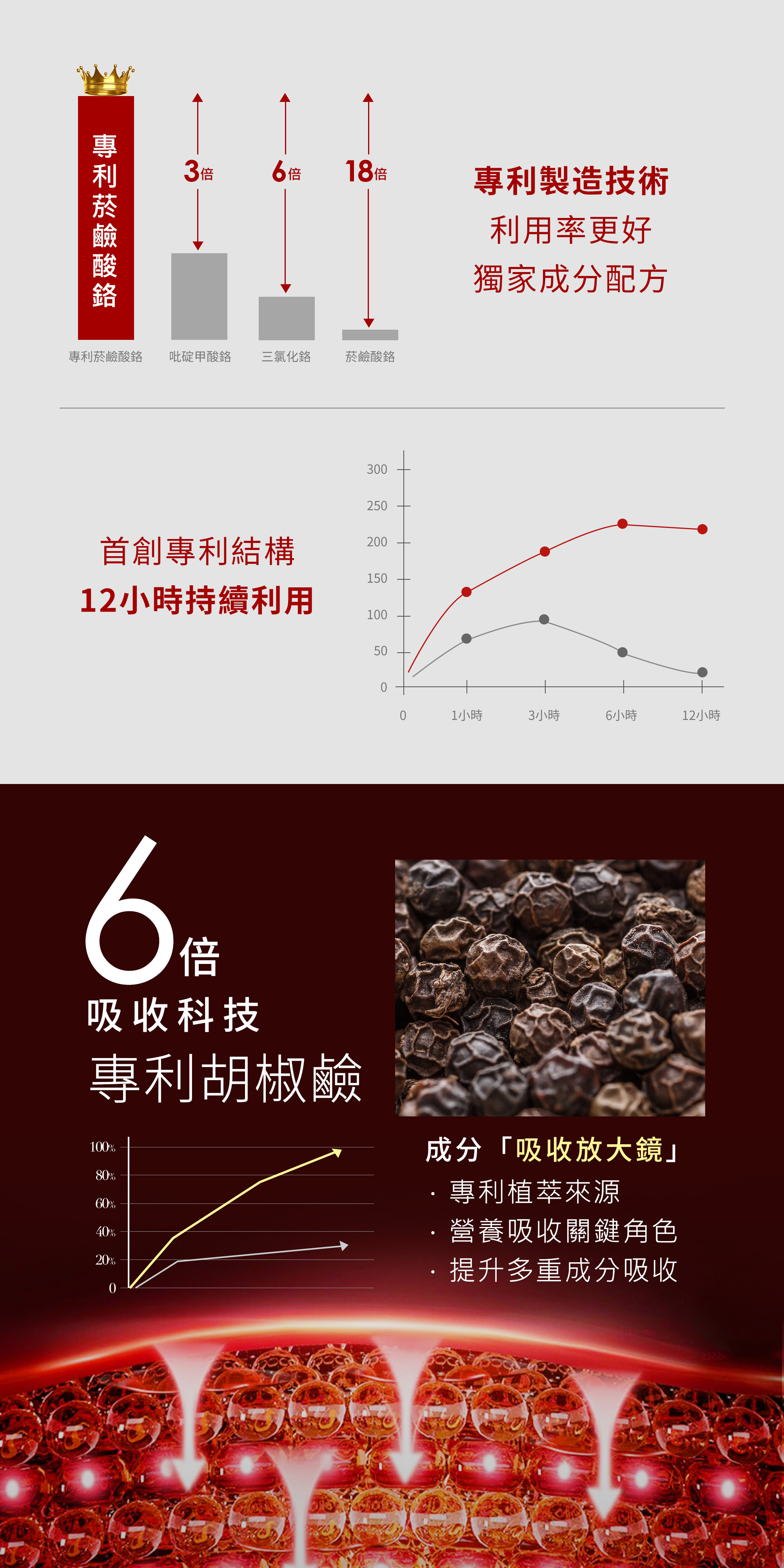 圖表證實專利菸鹼酸鉻具 3 至 18 倍高效利用率。搭配 6 倍吸收科技的專利胡椒鹼，扮演成分吸收放大鏡，提升多重成分吸收。