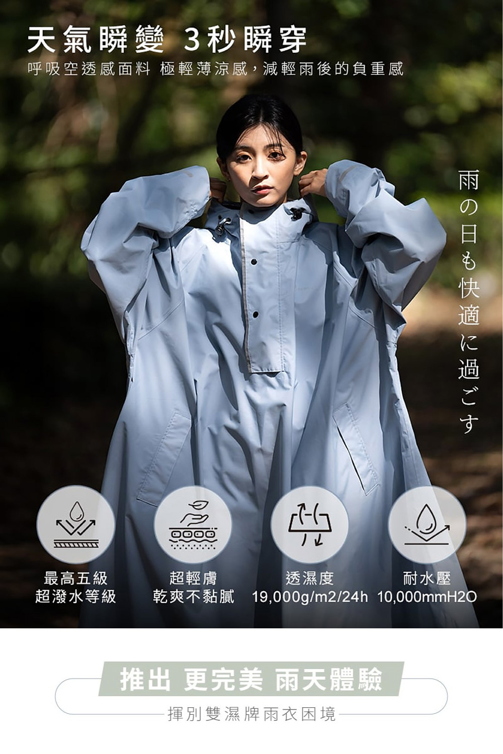 大振豐洋傘|CORVIX 雨滴之森3in1完美不滲漏高機能輕量雨衣(側背包收納)