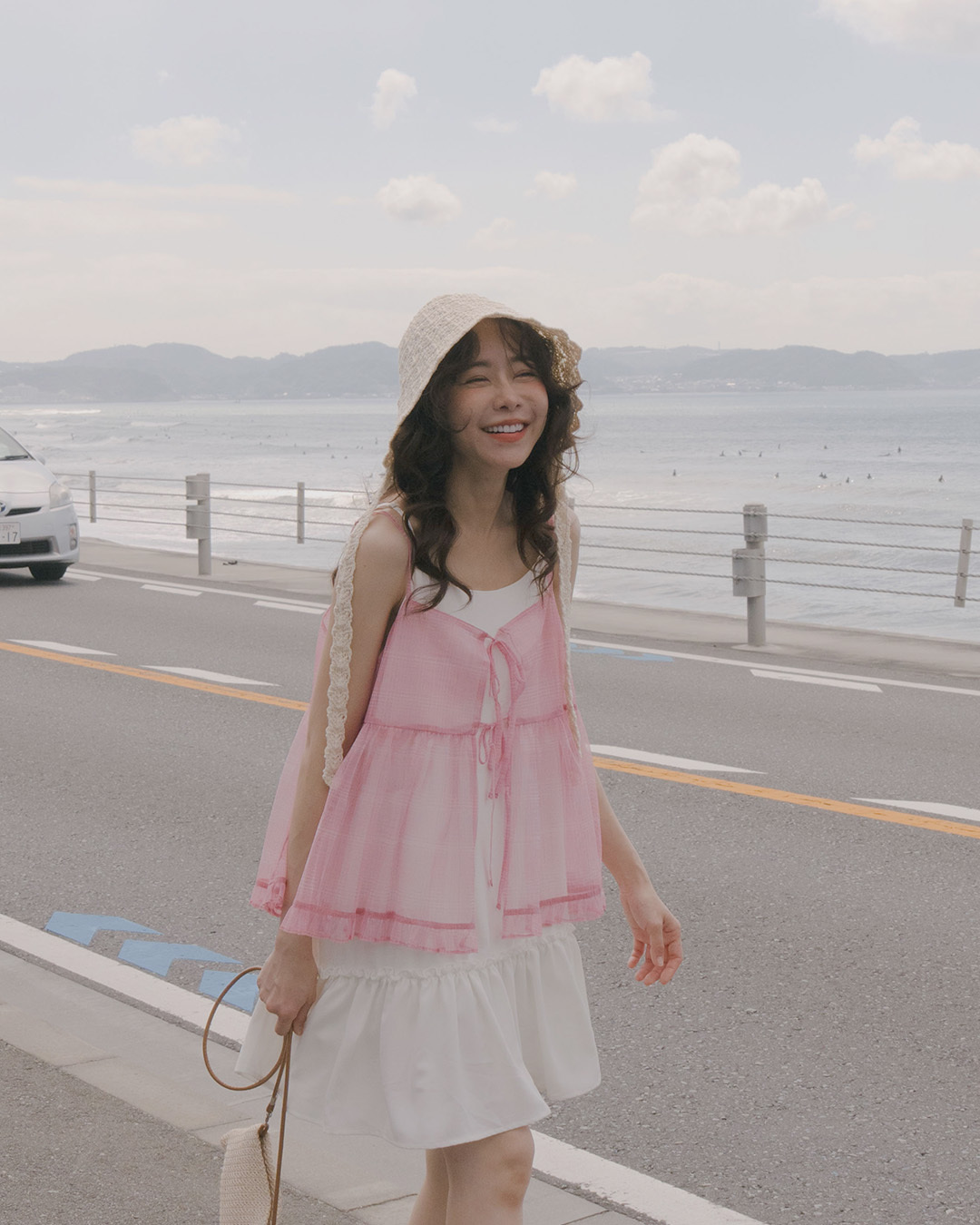 Checkered mesh strappy spaghetti strap cover-up vest - pink【01099696】in stock+pre-order