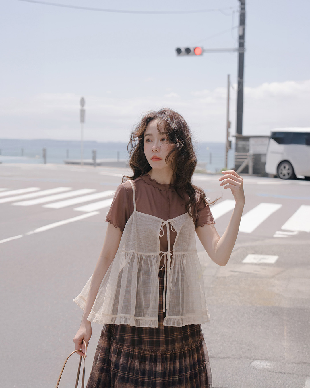 Checkered mesh strappy spaghetti strap cover-up vest - yellow【01099698】in stock+pre-order