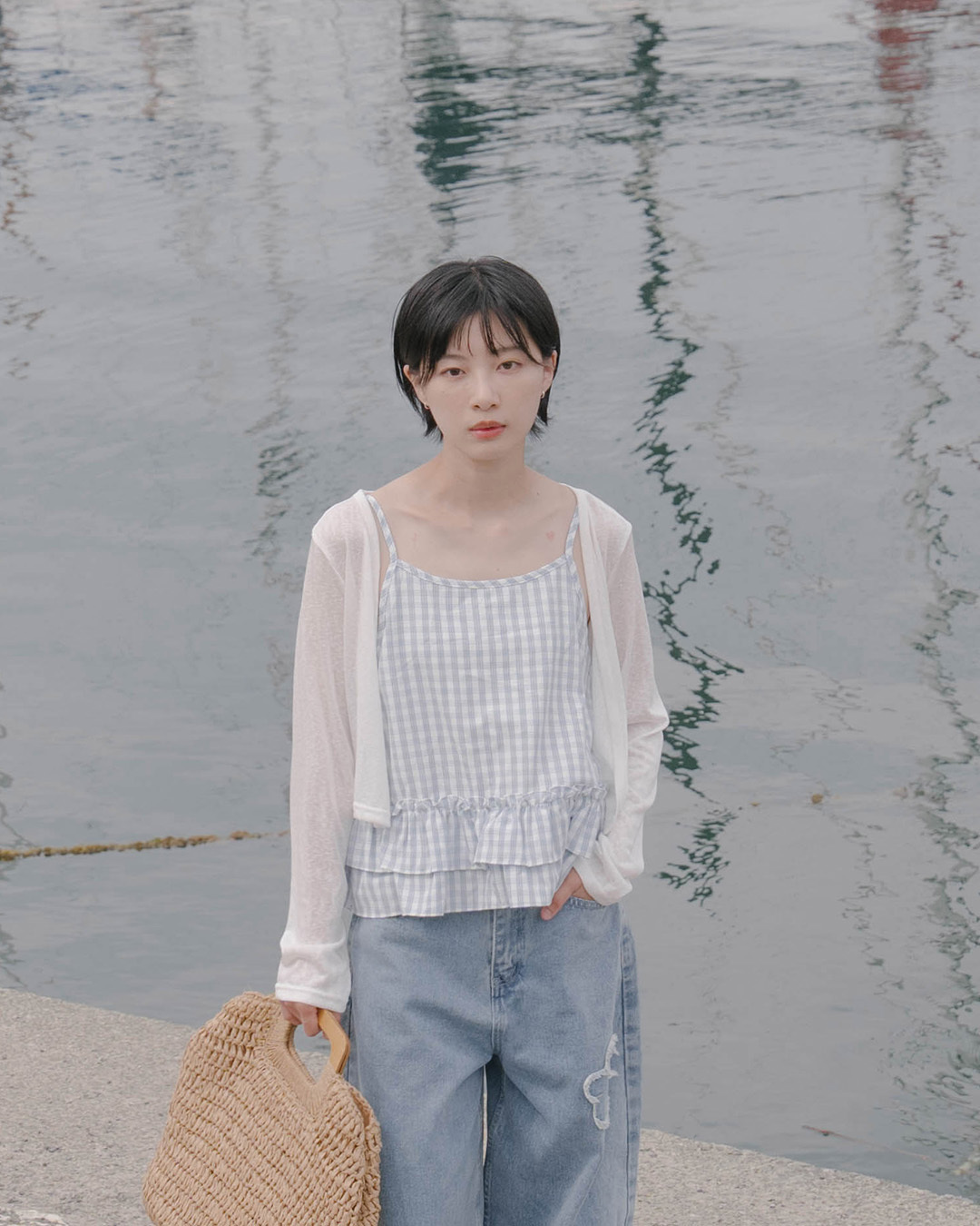 Checkered ruffled vest sheer cover-up two-piece top【01140088】in stock+pre-order
