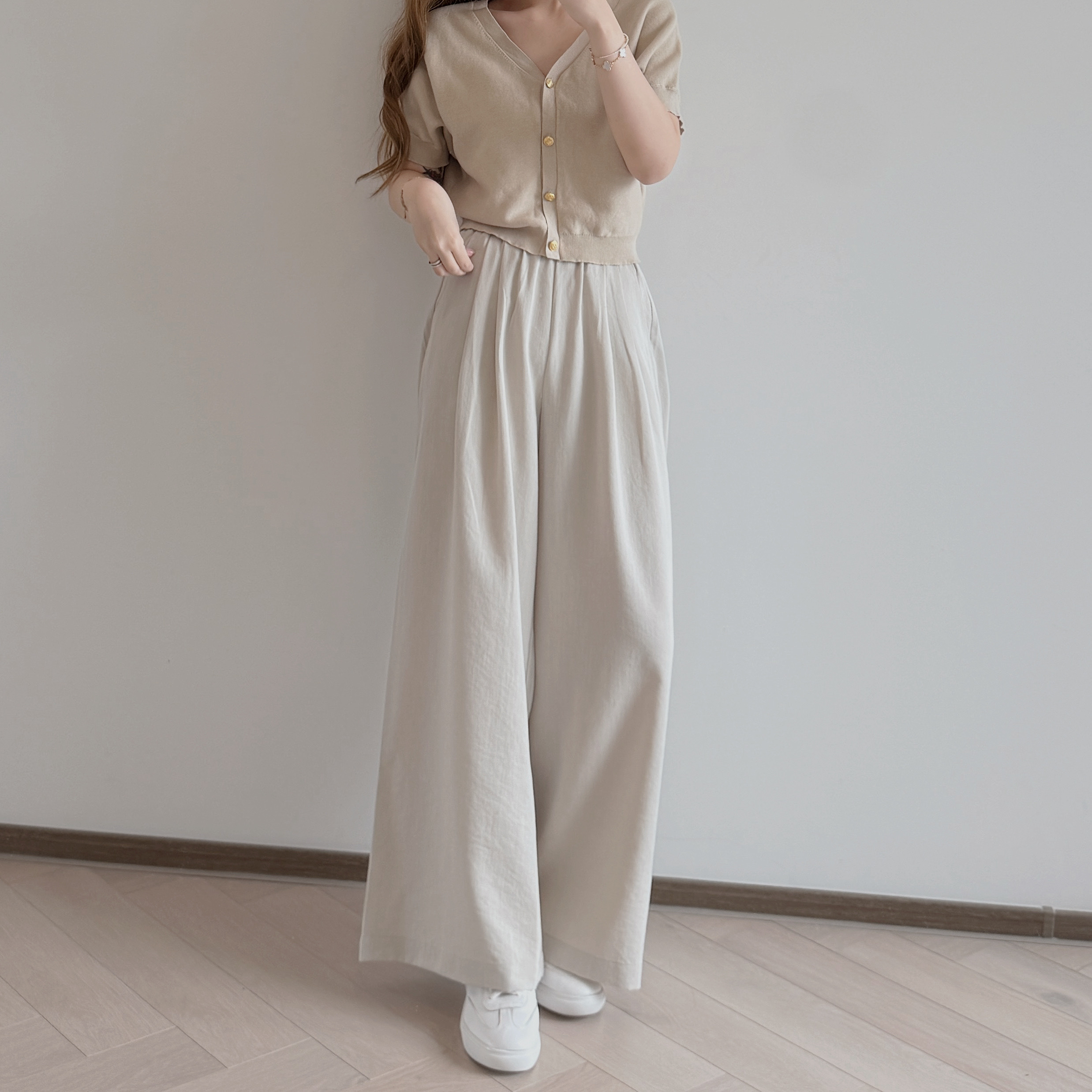 現貨 7488 淺杏棉麻涼感闊腳褲