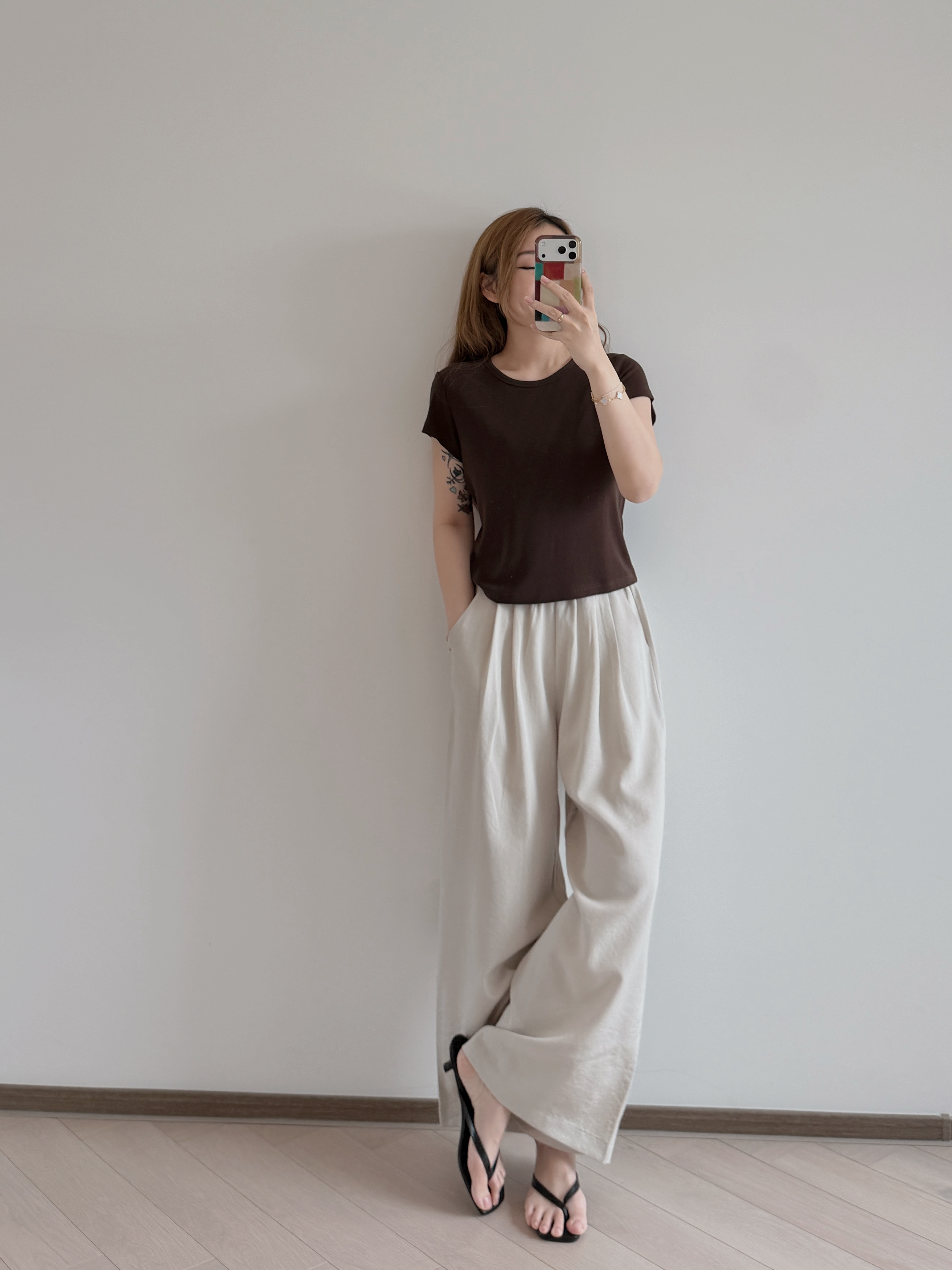 現貨 7488 淺杏棉麻涼感闊腳褲