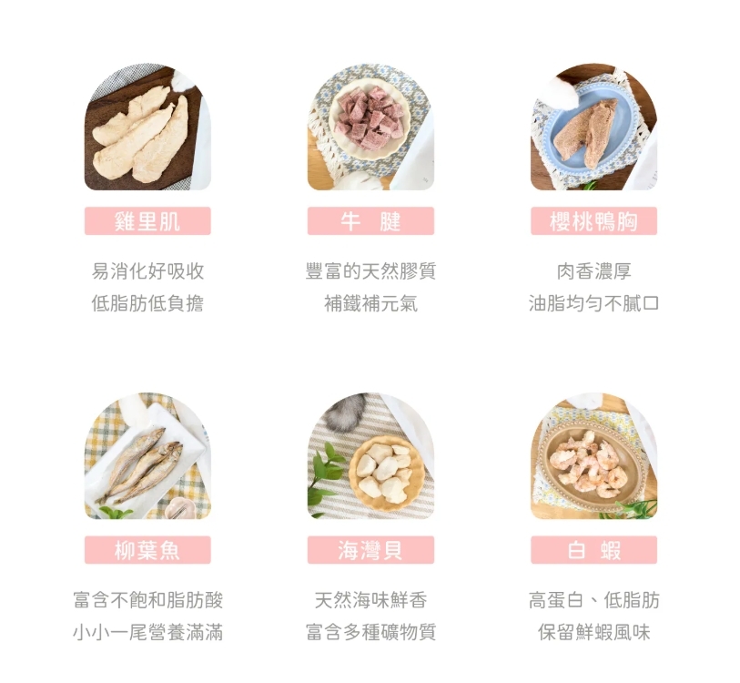 好味原型凍乾 雞里肌,牛腱,櫻桃鴨胸,柳葉魚,海灣貝,白蝦