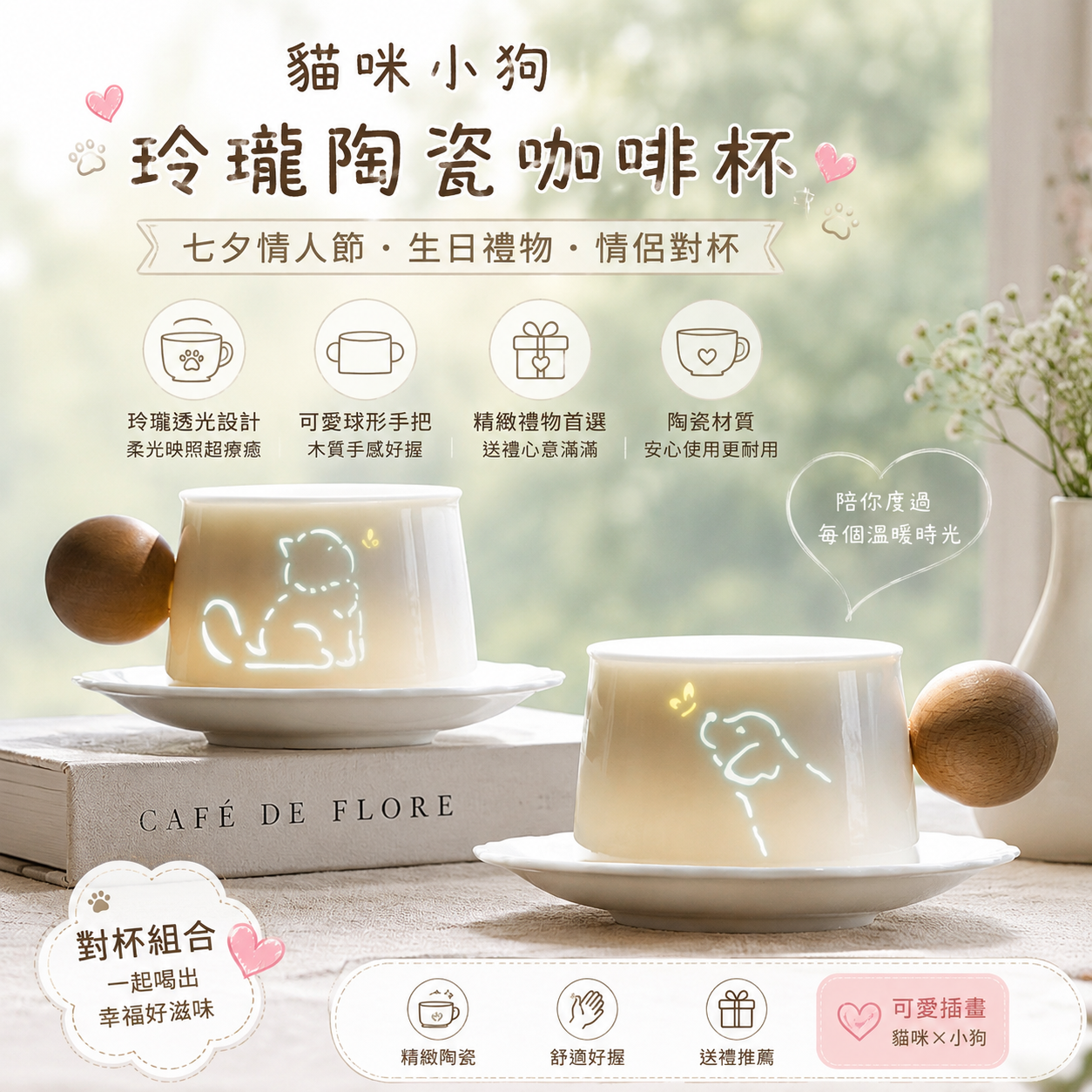 貓咪小狗玲瓏陶瓷咖啡杯七夕情人節生日禮物情侶對杯