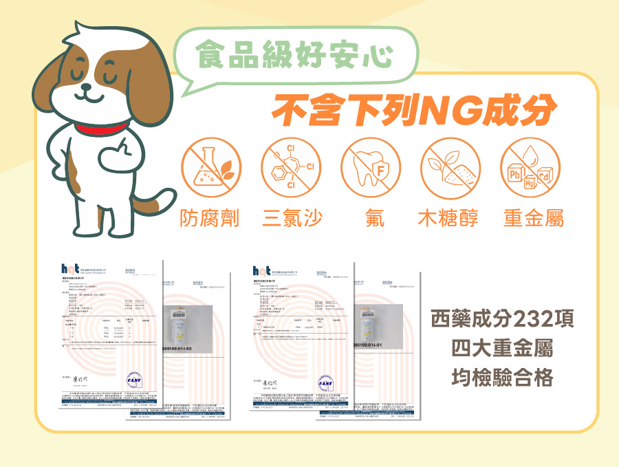 歸毛家族寵物口腔液通過西藥與重金屬檢驗,不含木糖醇及防腐劑,主打食品級安全,毛孩天天噴都安心。