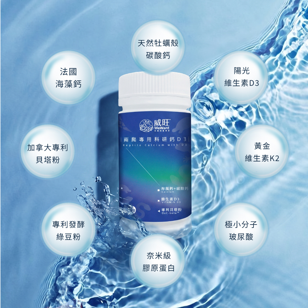 威旺兩爬專用科研鈣D3產品成分介紹。包含法國海藻鈣、天然牡蠣殼碳酸鈣、維生素D3與K2、加拿大專利貝塔粉、專利發酵綠豆粉、奈米級膠原蛋白、極小分子玻尿酸等核心原料。