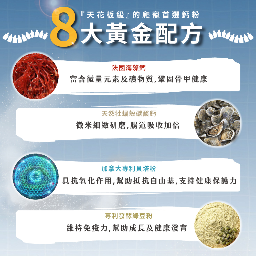 威旺兩爬專用科研鈣D3,8大黃金配方介紹(上)。包含法國海藻鈣鞏固骨甲、天然牡蠣殼碳酸鈣微米研磨加倍吸收、加拿大專利貝塔粉維持免疫保護力,以及專利發酵綠豆粉幫助爬寵發育。