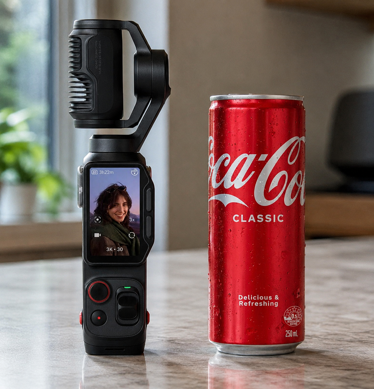 Insta360 Luna Ultra 口袋雲台相機與 250mL 可樂罐並排的尺寸對比實拍,機身高度略高於易開罐,螢幕顯示 3K 30fps 拍攝介面,放置於大理石檯面,直觀呈現相機的口袋便攜體積。