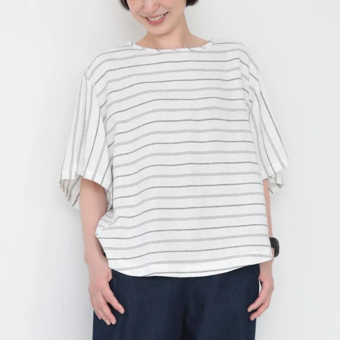 Omake.jp 下擺圓弧條紋上衣TeeTtops 白