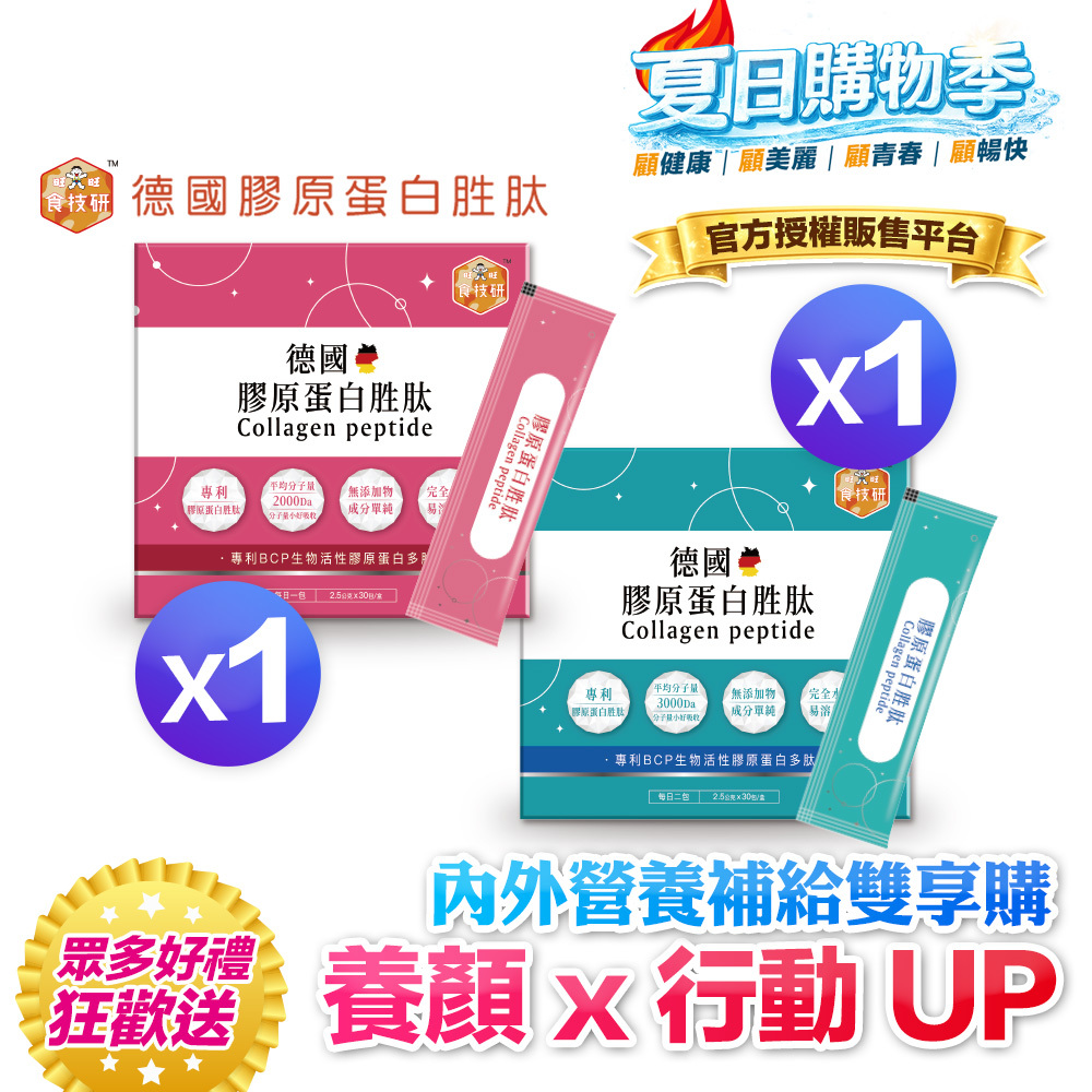 【1+1體驗甜甜價】內外營養補給雙享購｜養顏X行動UP｜嚴選專利成分｜【食技研】德國專利膠原蛋白胜肽-雙享體驗組二盒入養顏美容*1+增強行動力*1(2.5g*30包*2盒)