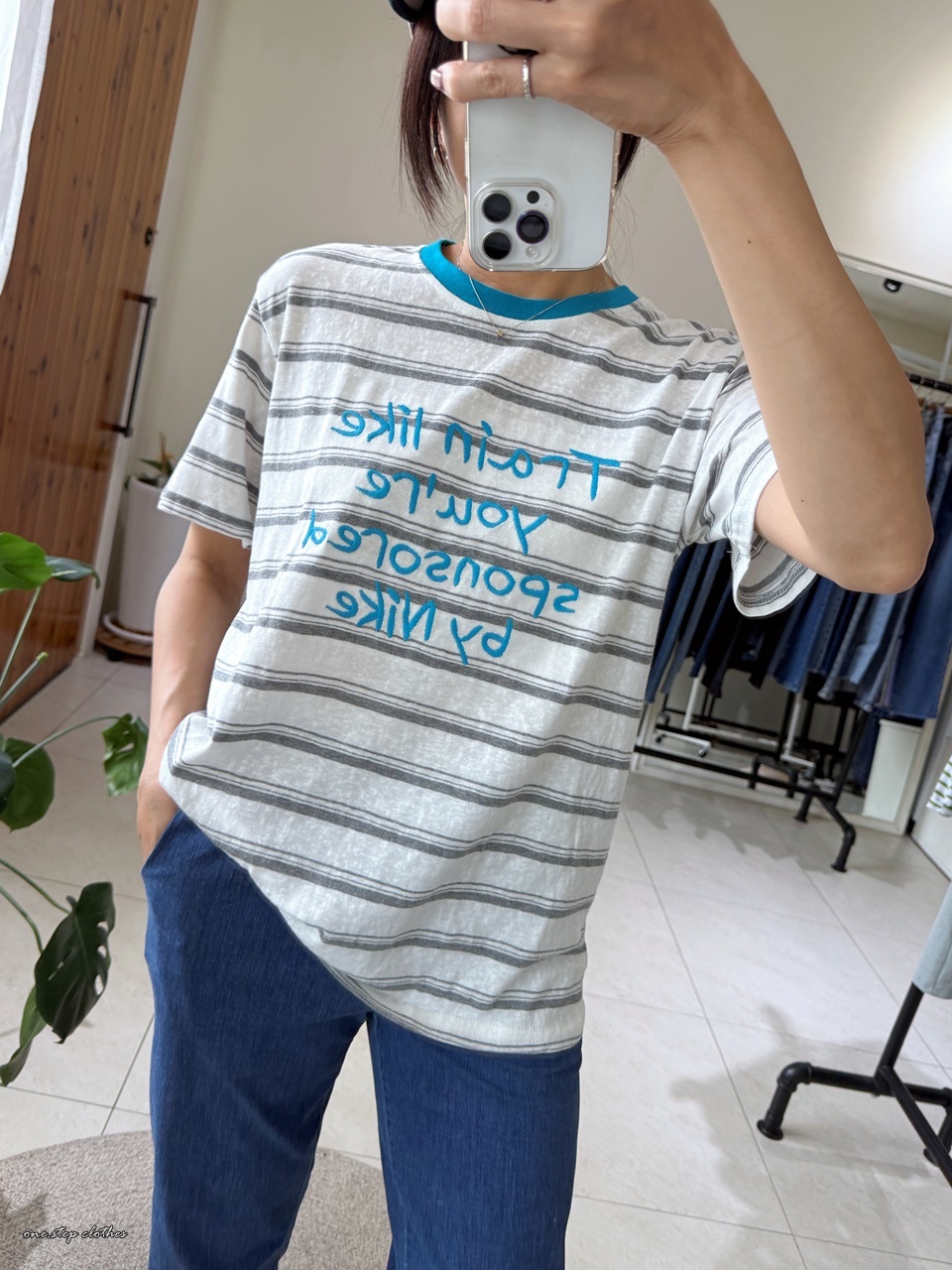 正韓立體Train刺繡橫條T  (藍綠)