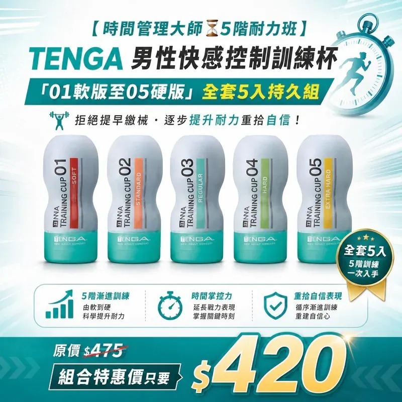 【時間管理大師⏳5階耐力班】TENGA 男性快感控制訓練杯「01軟版至05硬版」全套5入持久組 🏋️‍♂️ 拒絕提早繳械・逐步提升耐力重拾自信！