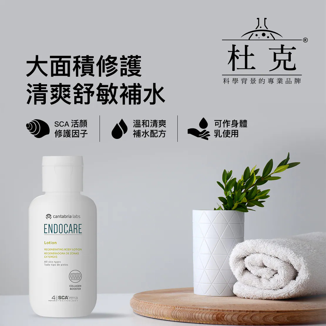 這是杜克「ENDOCARE Lotion」的情境宣傳圖。畫面上方主標題為「大面積修護 清爽舒敏補水」,右上角有杜克品牌 Logo。中間列出三大特色圖文標籤:「SCA 活顏修護因子」、「溫和清爽補水配方」、「可作身體乳使用」。下方展示產品實體放置於木質圓盤上,旁邊點綴著白色幾何紋理花瓶、綠色植栽與捲起的白色毛巾,呈現清新純淨的氛圍