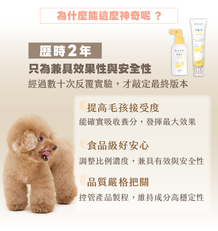 歸毛家族寵物潔牙系列歷時兩年研發,強調食品級成分與安全性,嚴格把關高品質,能有效提高毛孩接受度。
