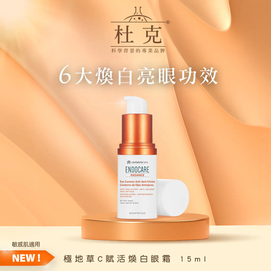 這是杜克「ENDOCARE RADIANCE 極地草C賦活煥白眼霜 (15ml)」的情境宣傳圖。產品放置於橘金色的圓柱台上,背景是柔和的膚橘色絲綢質地。畫面上方帶有杜克品牌 Logo,主標題為大字體的「6 大煥白亮眼功效」。左下方有橘色標籤標示「NEW!」與「敏感肌適用」,右下方則標示完整中文品名與容量