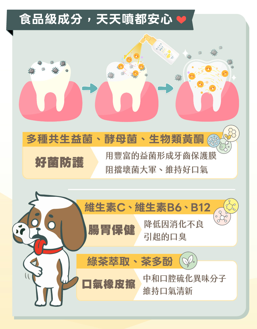 歸毛家族食品級寵物口腔液,富含益菌、維生素及茶多酚,天天噴能有效維護犬貓腸胃與口腔清新