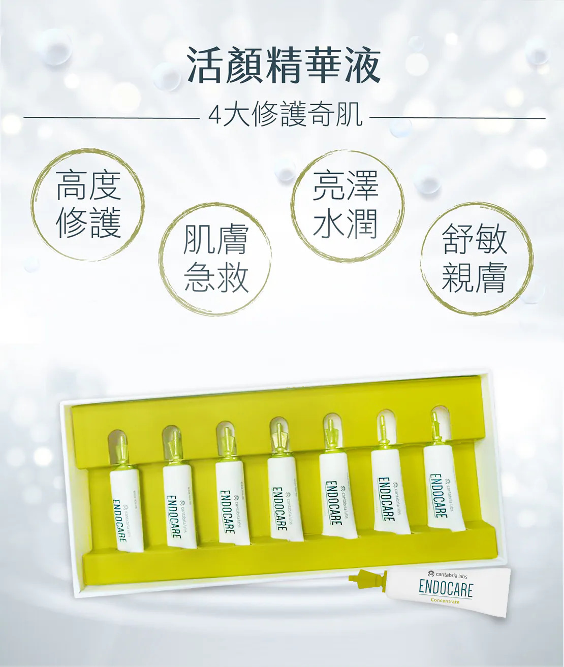 alt="杜克 Endocare 活顏精華液安瓶組,主打高度修護、肌膚急救、亮澤水潤與舒敏親膚四大功效,盒裝內含七支頂級修護安瓶精華