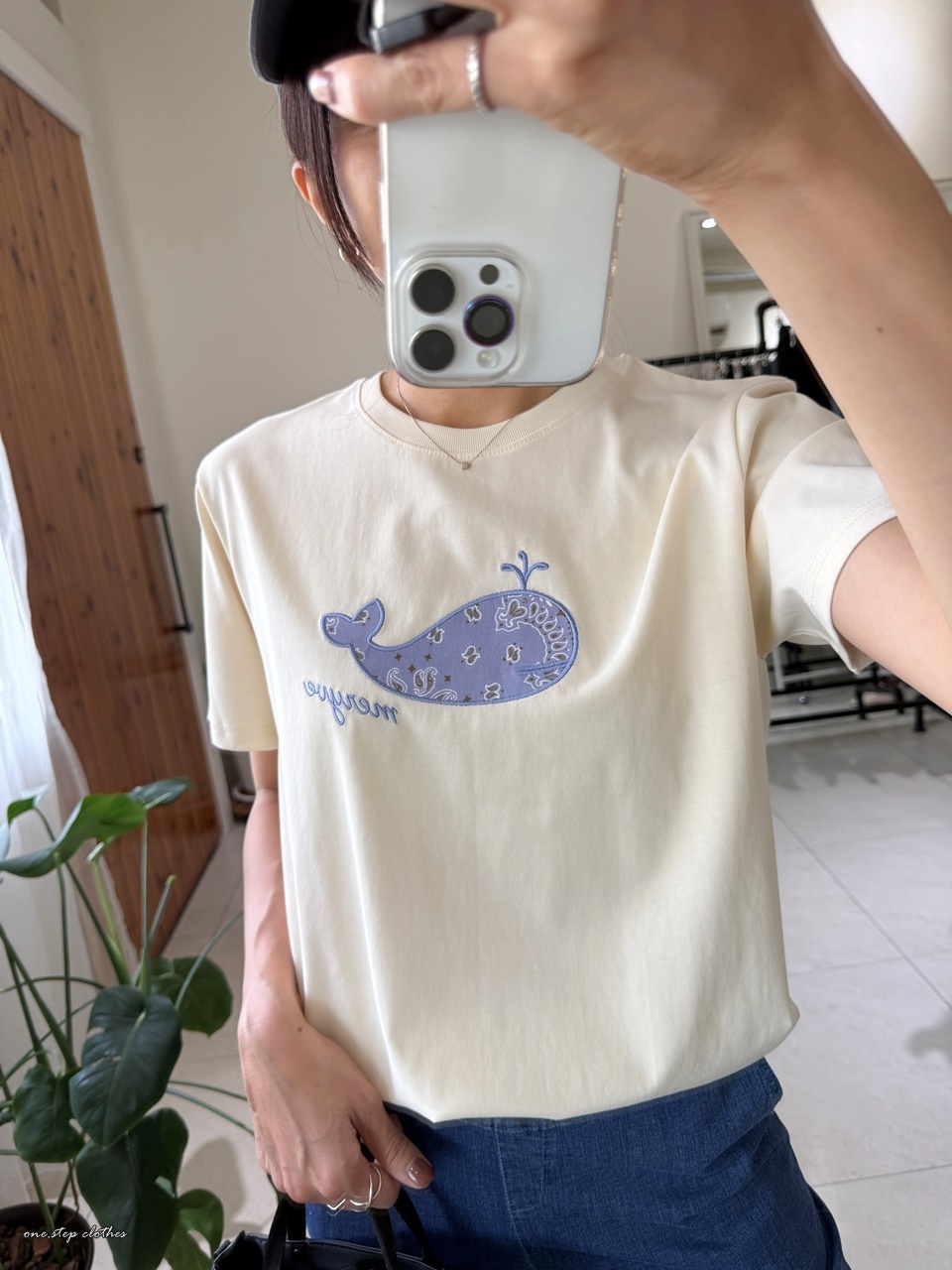 正韓水藍拼布刺繡鯨魚T