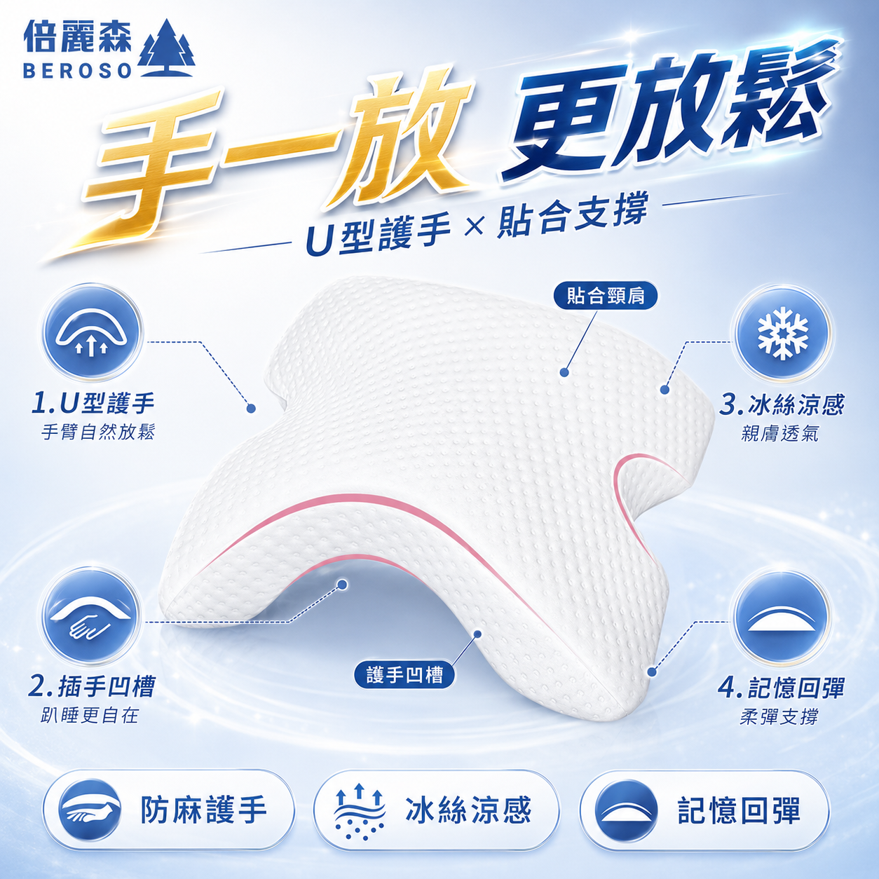 情人U型枕 舒適冰絲透氣可水洗記憶趴睡枕B00016