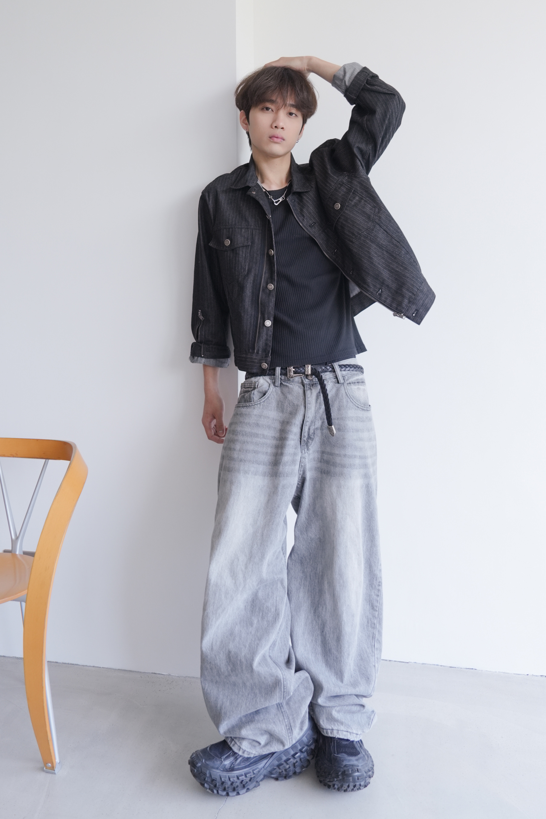 color blocking denim pants #長褲
