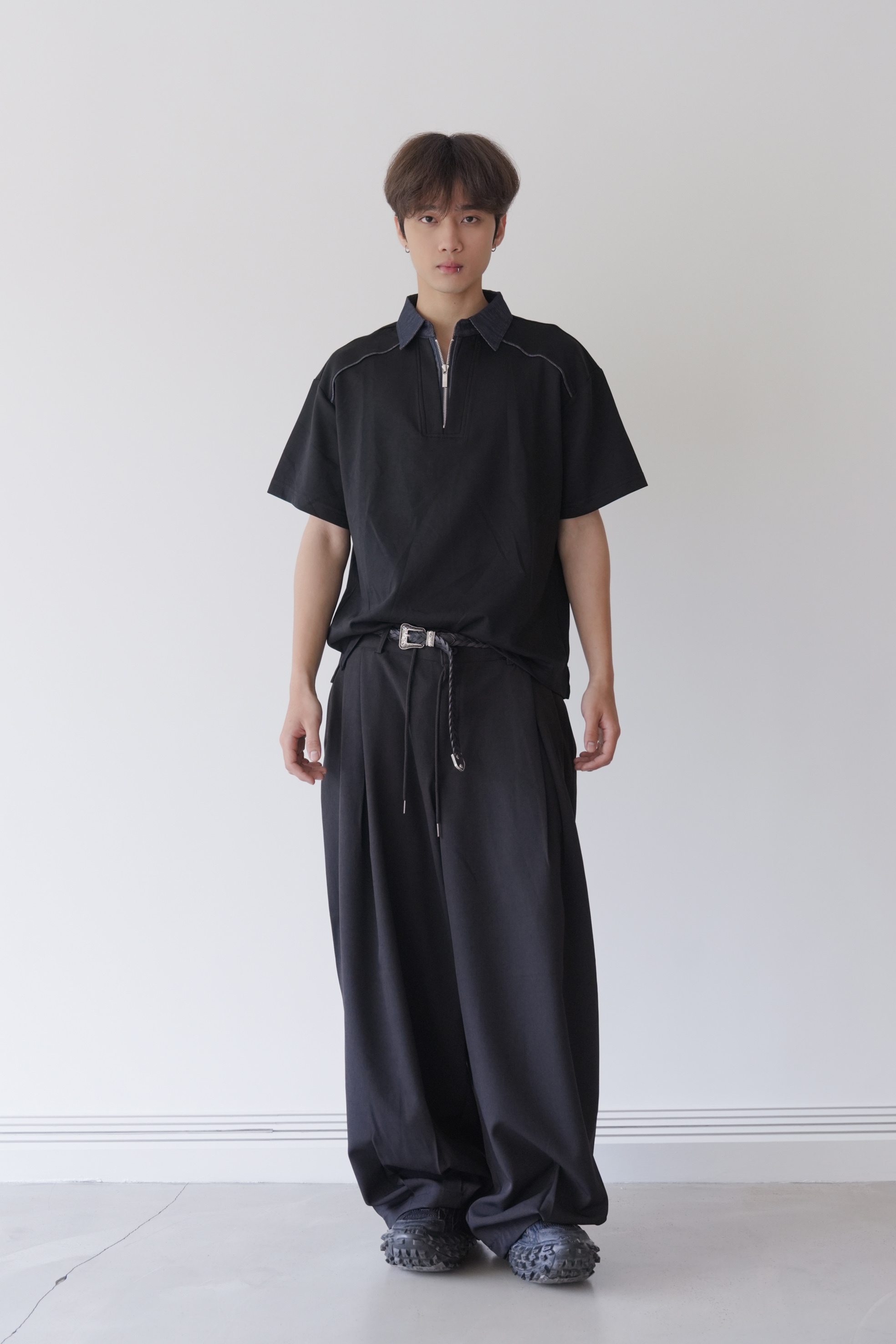denim color-block collar tee #上衣