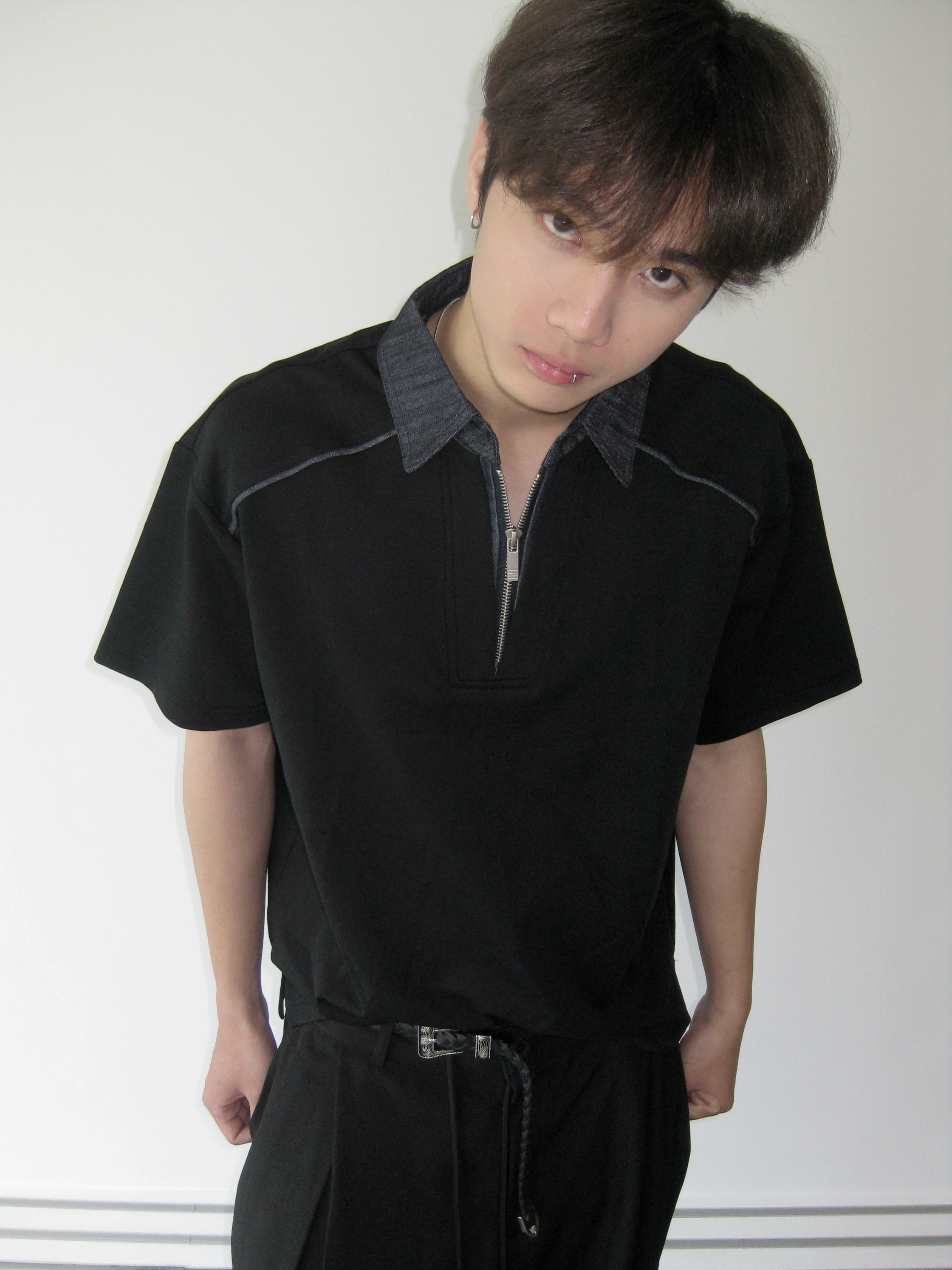 denim color-block collar tee #上衣