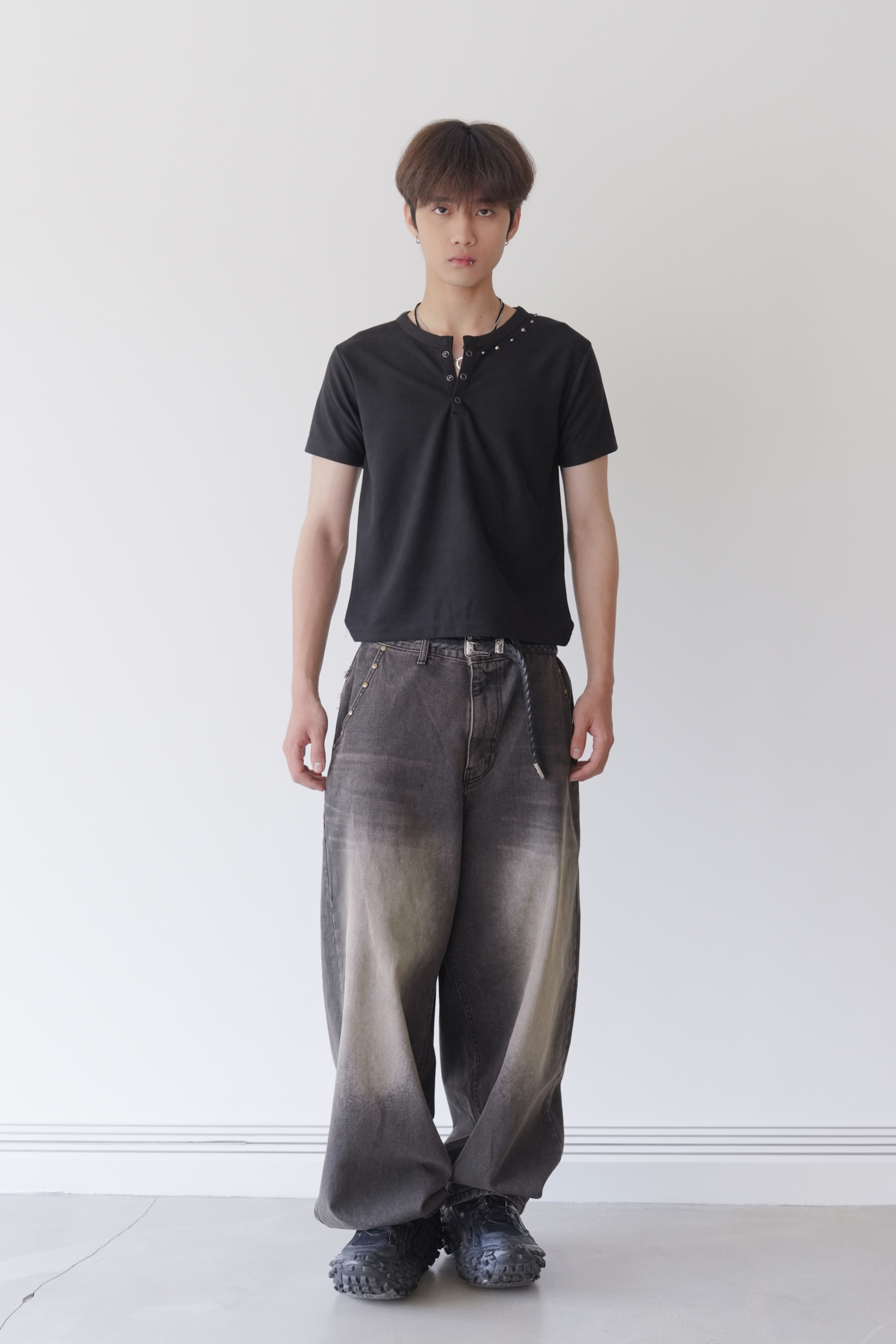 waffle studs henley neck tee #上衣