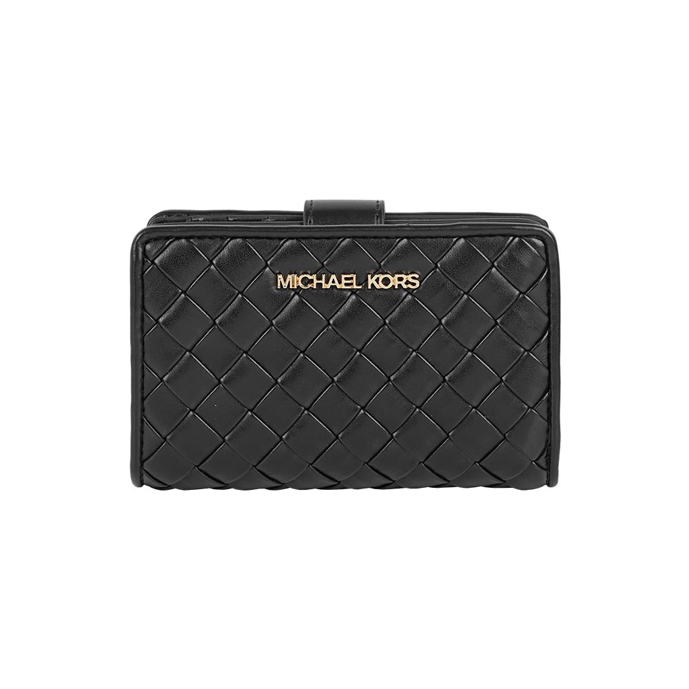 【Michael Kors】金字編織皮革釦式二折中夾(黑色)