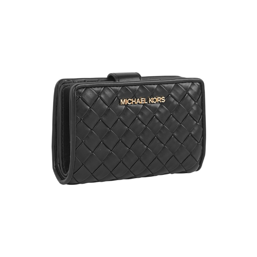 【Michael Kors】金字編織皮革釦式二折中夾(黑色)