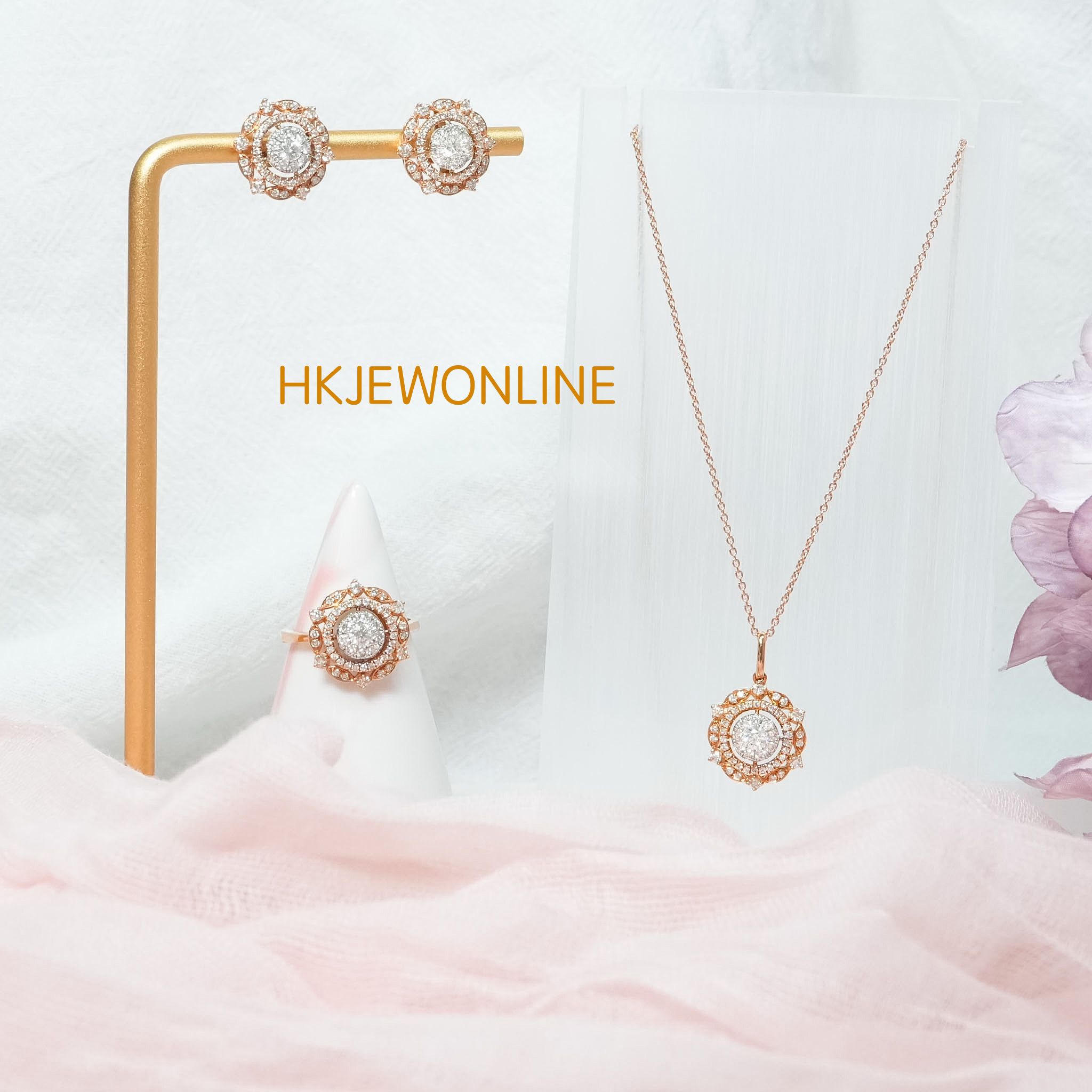 18K Rose Gold & White Gold Diamond Set （Ring/ Pendant/ Earrings)
