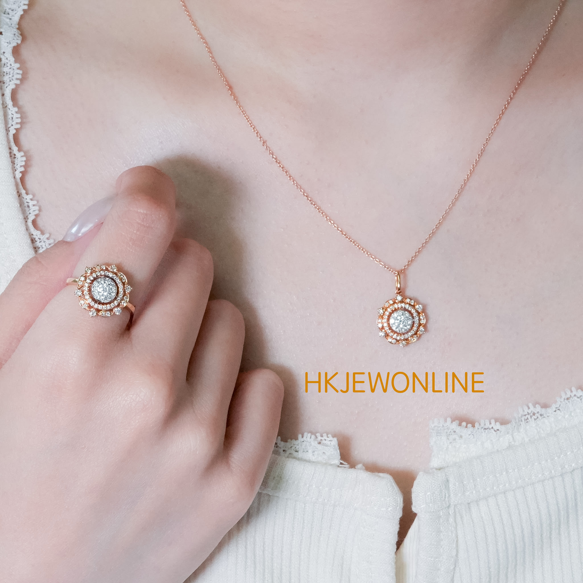 18K Rose Gold & White Gold Diamond Set （Ring/ Pendant/ Earrings)