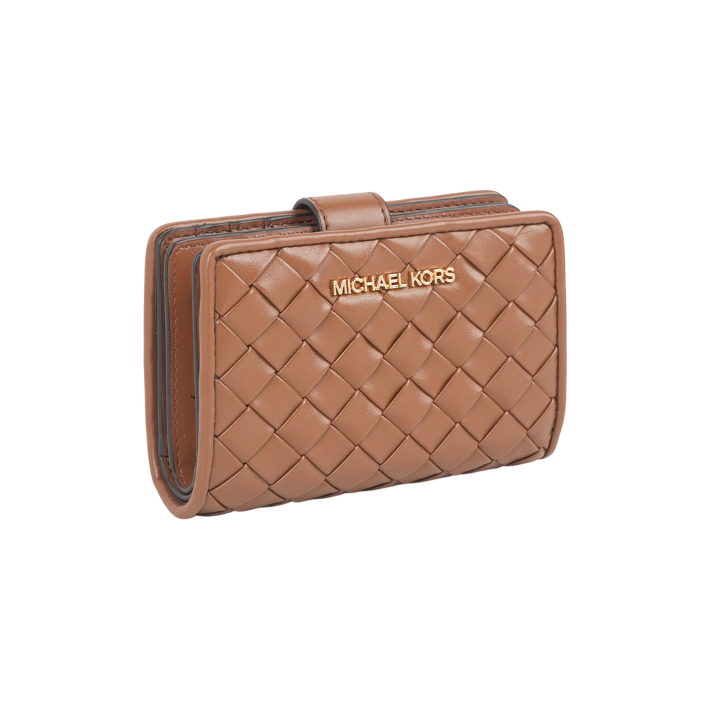 【Michael Kors】金字編織皮革釦式二折中夾(焦糖色)