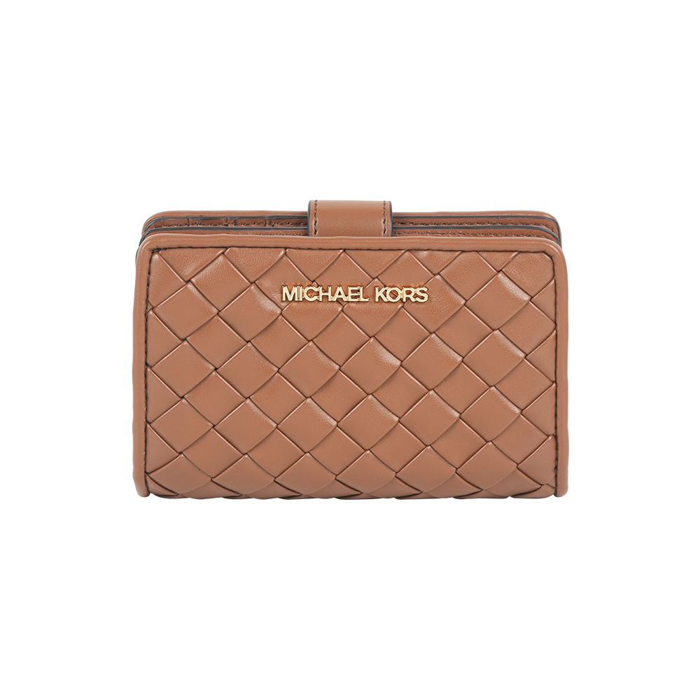 【Michael Kors】金字編織皮革釦式二折中夾(焦糖色)