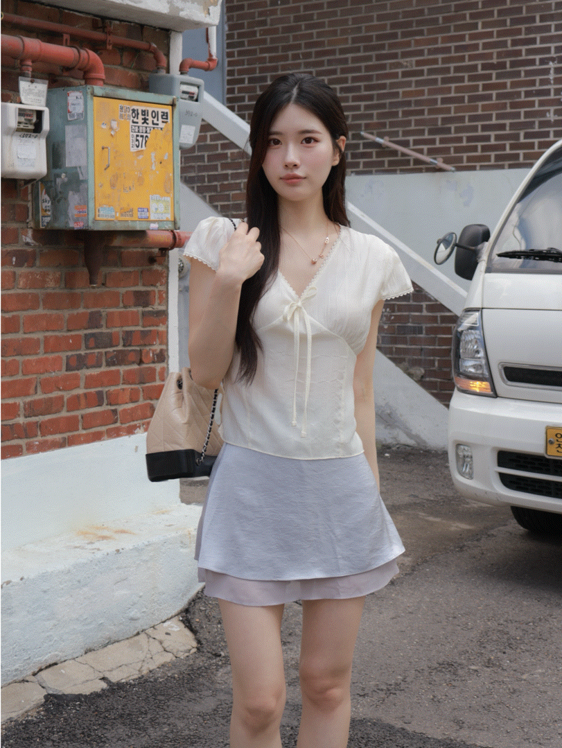 ［48h快速出貨⚡］輕夏蕾絲澎袖綁帶柔紡上衣