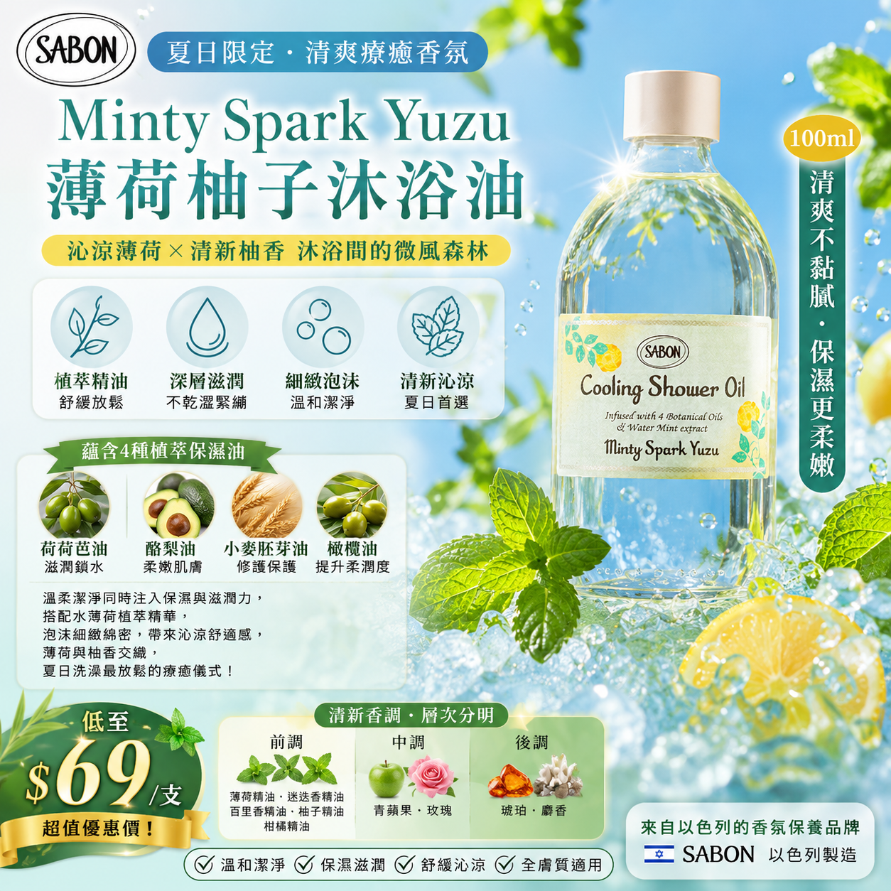 【UB9757】SABON Minty Spark Yuzu 薄荷柚子沐浴油 100ml