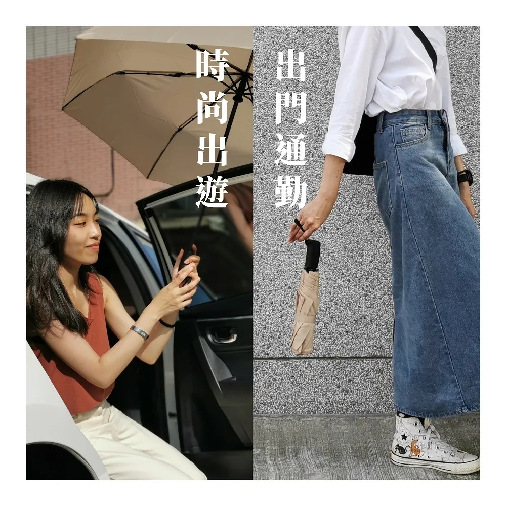 組合圖片。左側為女子準備從白車離開,手中撐著卡其色雨傘;右側為穿著高筒帆布鞋的行人,手提折疊好的奶茶色雨傘行走