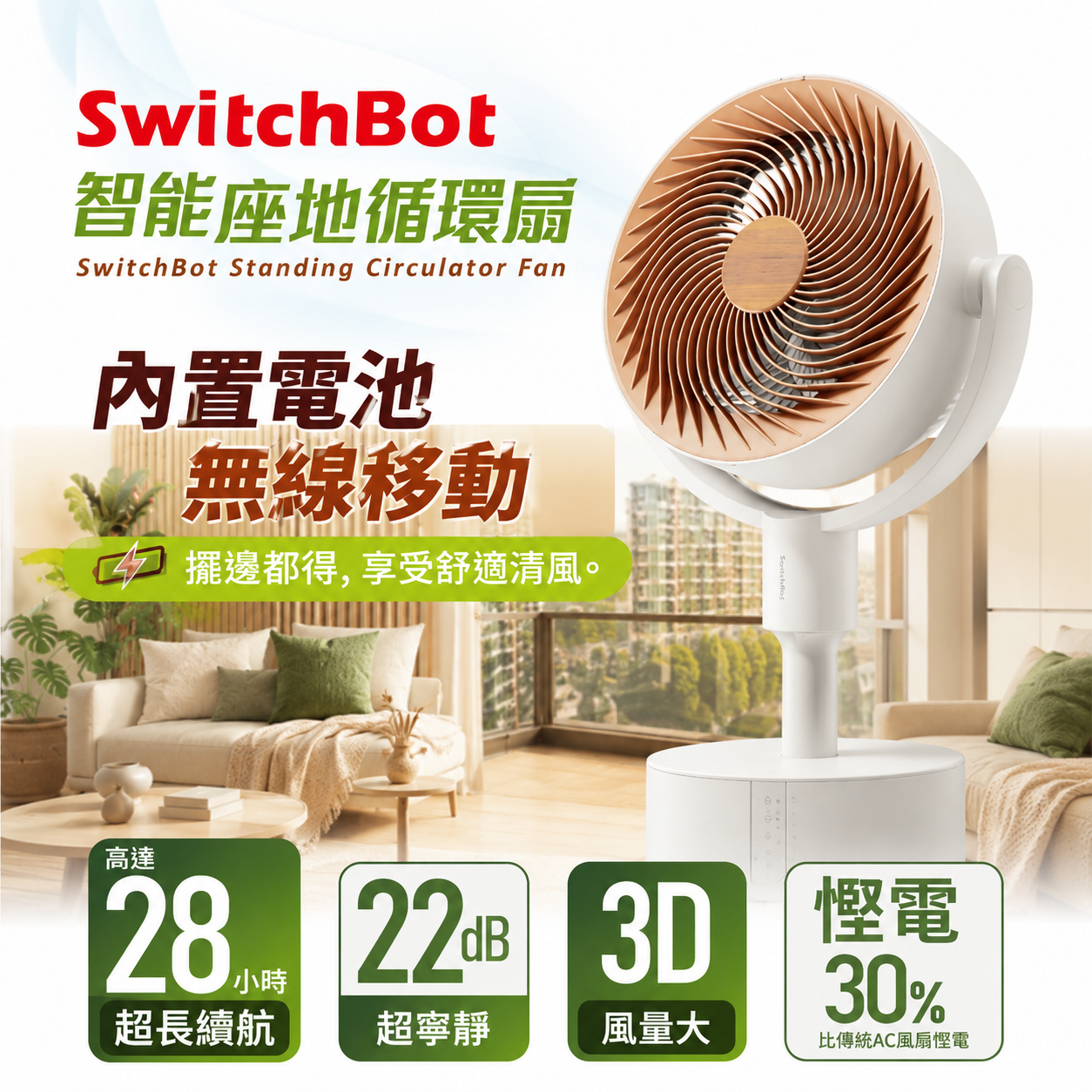 BZ001 SwitchBot 智能超靜音座地循環扇(三段高度調整)