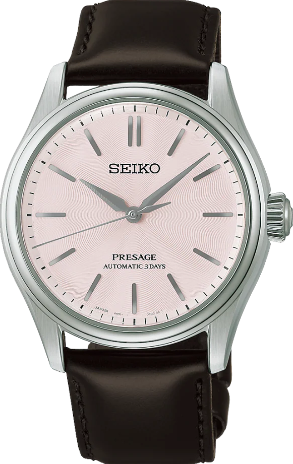 萬年鐘錶 - SEIKO Presage  櫻花粉光澤面盤皮革款機械錶 HCC003J1 / 6R51-00G0J 錶徑38MM