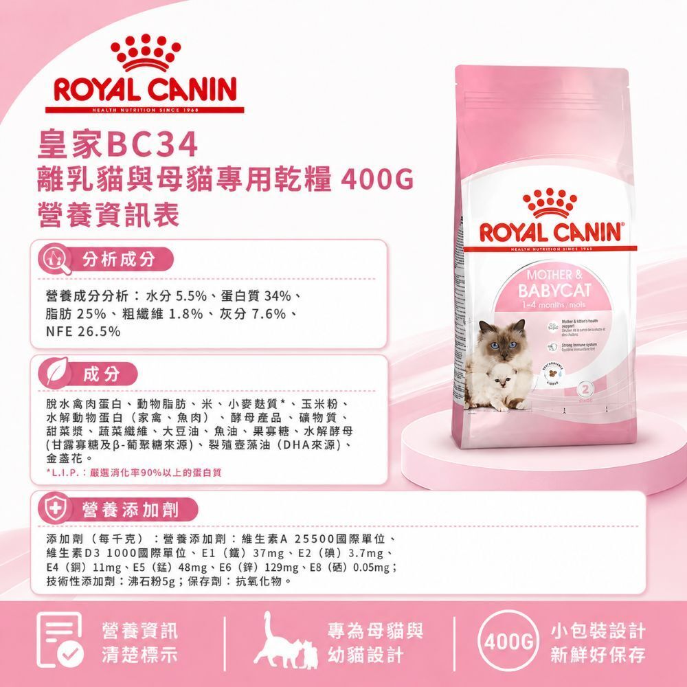 Royal Canin 法國皇家｜皇家BC34 離乳貓與母貓專用乾糧 400G 幼貓飼料 幼貓乾糧 母貓飼料 幼母貓飼料