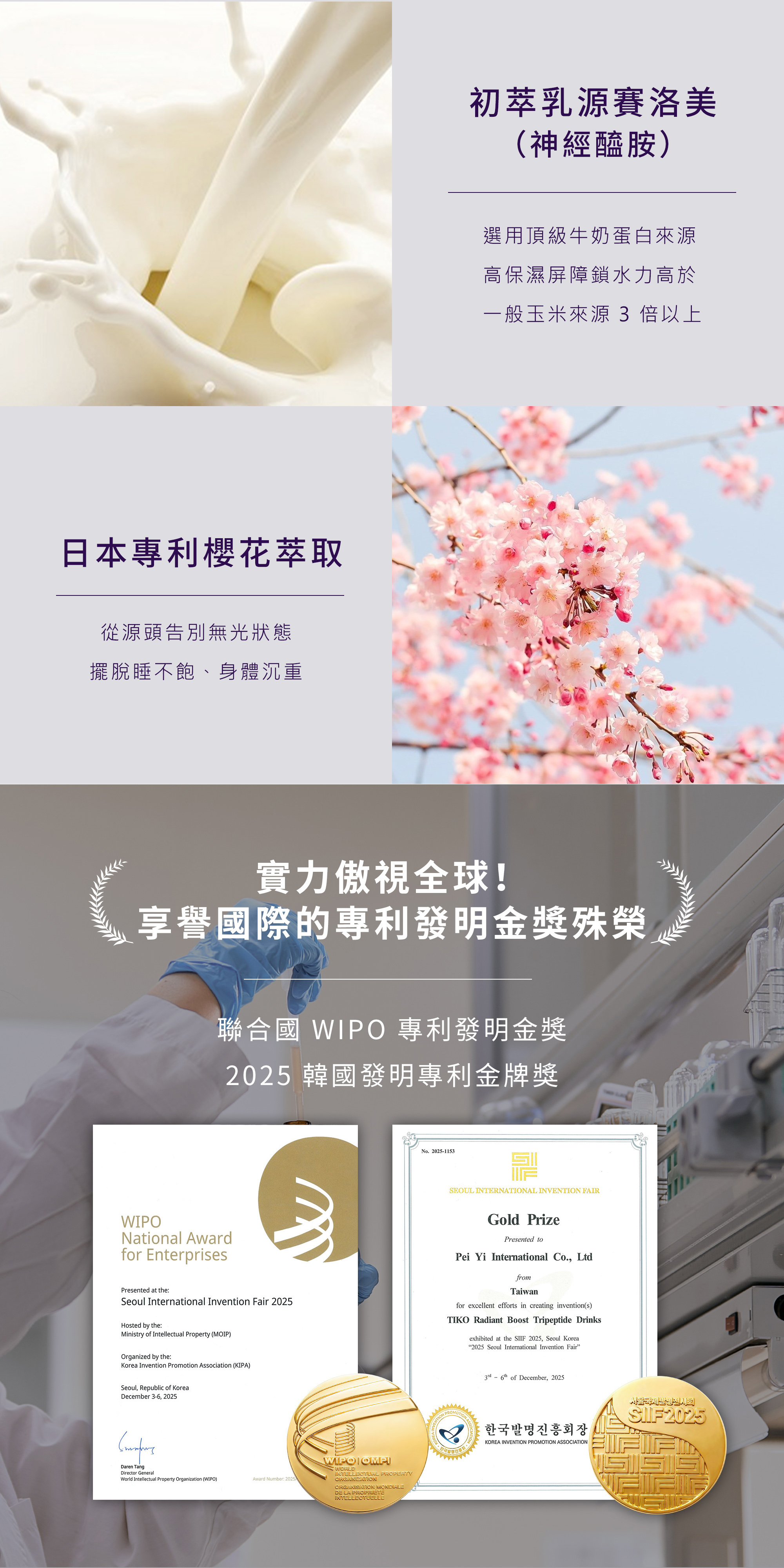 初萃乳源賽洛美鎖水力高 3 倍，搭配日本專利櫻花萃取。唯一榮獲聯合國 WIPO 專利發明金獎與韓國發明專利金牌雙重殊榮。