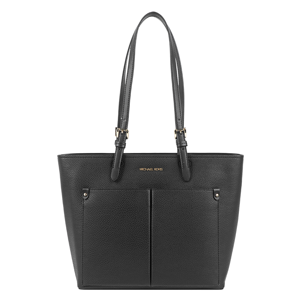 【Michael Kors】Jet Set 金字粒紋皮革雙口袋肩背包/托特包(黑色)