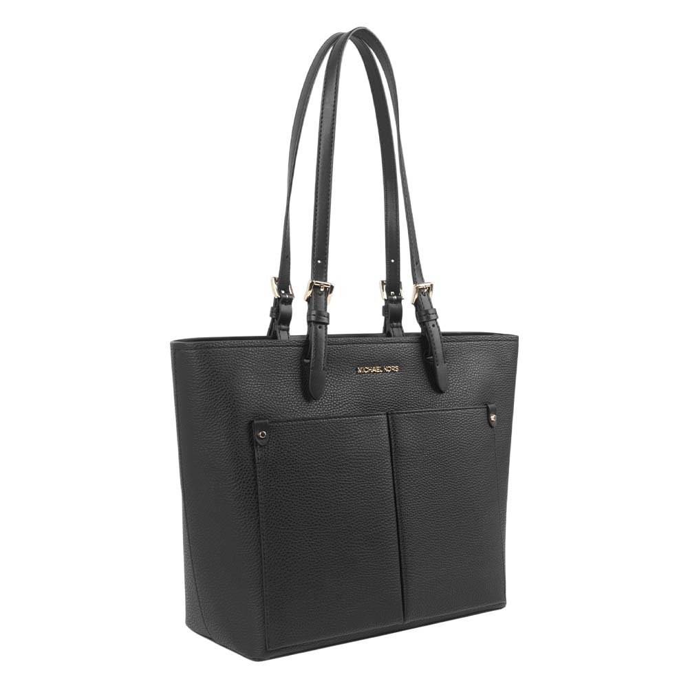【Michael Kors】Jet Set 金字粒紋皮革雙口袋肩背包/托特包(黑色)