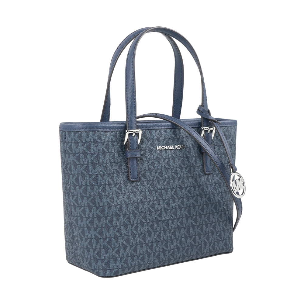 【Michael Kors】滿版圓形銀字Logo 塗層帆布小款托特包(海軍藍)