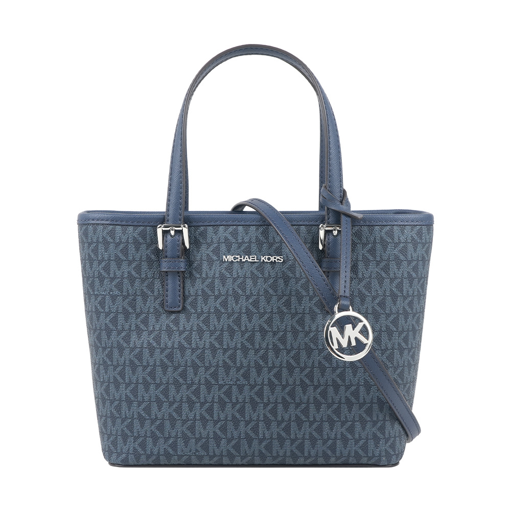 【Michael Kors】滿版圓形銀字Logo 塗層帆布小款托特包(海軍藍)