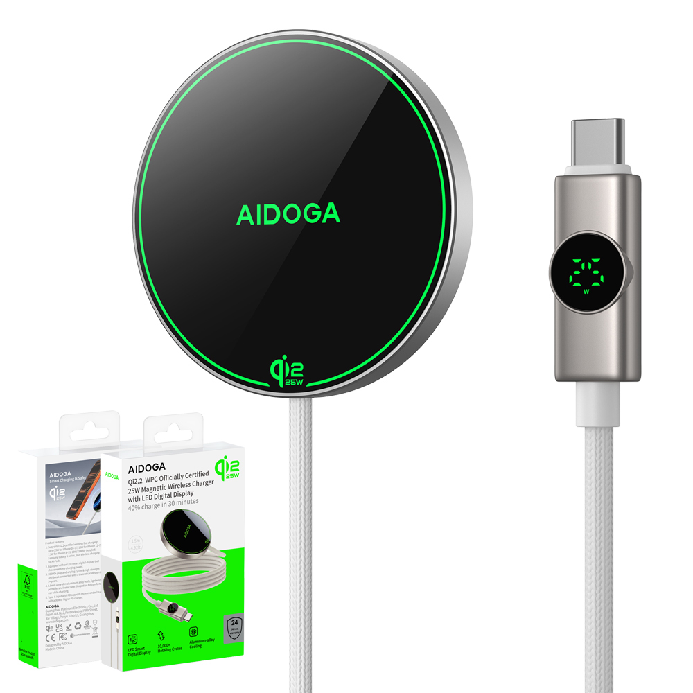 AIDOGA 艾迪伽 Qi2.2 25W 磁吸快充無線充電器 數顯 MagSafe 1.5M 支援iPhone17/安卓/手機/耳機