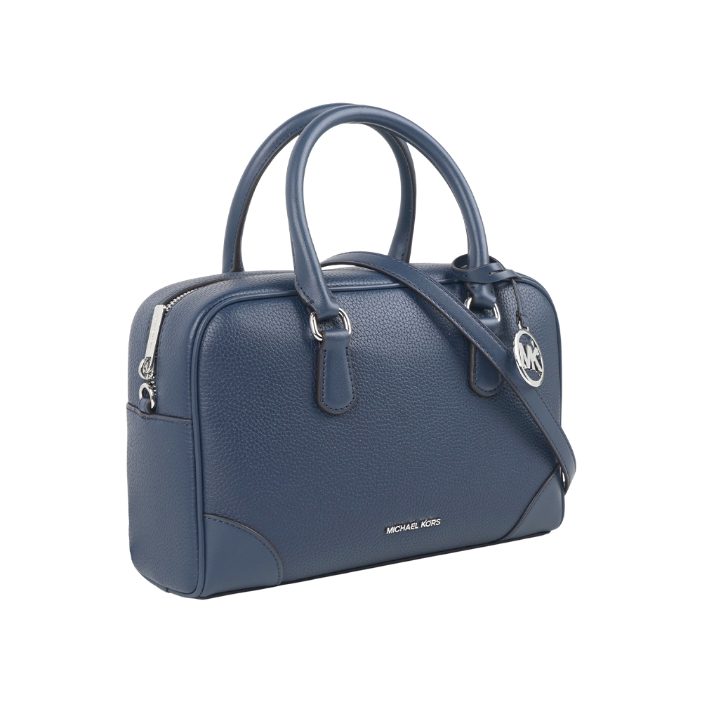 【Michael Kors】Thompson 銀字粒紋皮革中款二用保齡球包(海軍藍)