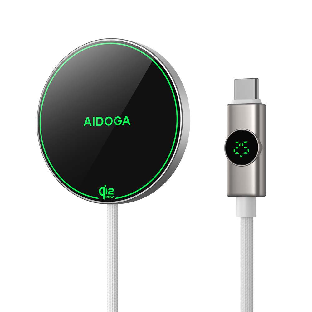 AIDOGA 艾迪伽 Qi2.2認證 25W快充 數顯 磁吸無線充電器 MagSafe 1.5M 支援蘋果/耳機/安卓/手機
