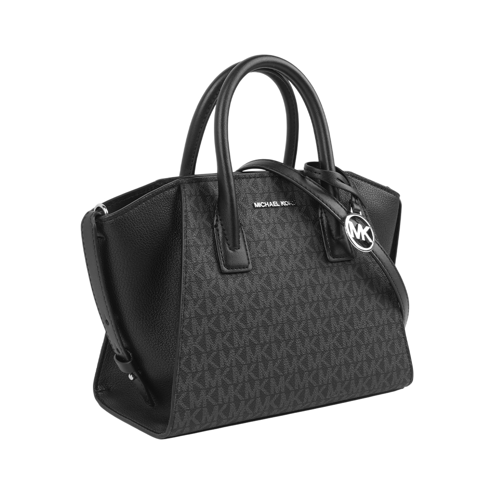 【Michael Kors】Avril Logo 塗層帆布拼皮革銀字小款二用包(黑色)